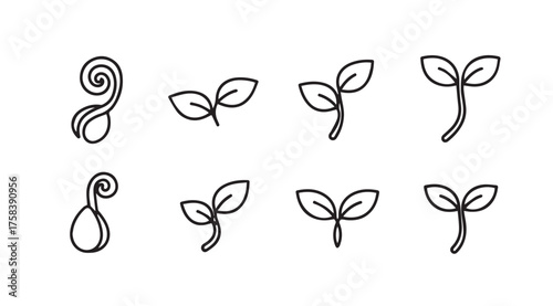 Set of delicate hand drawn seedling sprouts showing growth stages and plant development vector