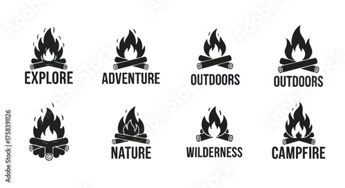 A collection of stylized black and white campfire illustrations with accompanying words like explore, adventure, and outdoors, perfect for camping and outdoor adventure designs.