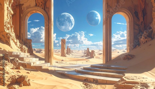 Arches of the Celestial Vista: A breathtaking vista unfolds through ancient stone arches, revealing a surreal landscape. The sky is adorned with two ethereal moons.