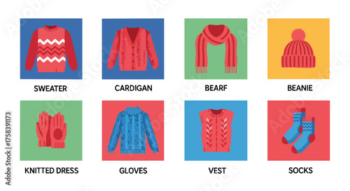 A colorful illustration showcases various winter clothing items like sweaters, cardigans, scarves, beanies, gloves, vests, and socks, perfect for seasonal fashion and design projects.