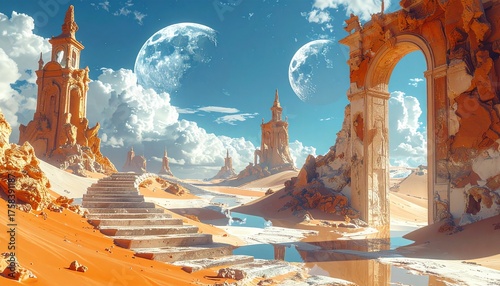 Echoes of the Past: Ancient ruins whisper tales of a forgotten civilization under a celestial dance of the moon. This surreal landscape is a testament to the enduring power of history and imagination.