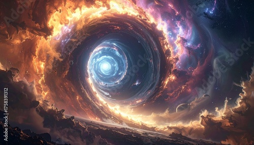 Celestial Vortex: An awe-inspiring view of a cosmic vortex, a mesmerizing swirl of celestial elements swirling into a central point, a captivating glimpse into the vastness of the cosmos.