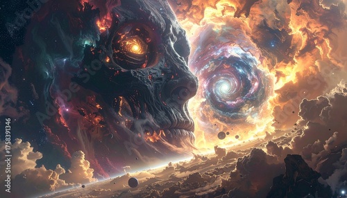 Celestial Skull: The image features a captivating, artistic representation of the cosmos with celestial skull and spiraling galaxies, full of swirling nebulas, planets, and stardust. 