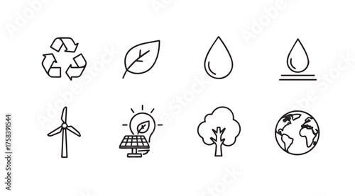 Hand drawn icons representing ecology sustainability renewable energy and nature concepts vector