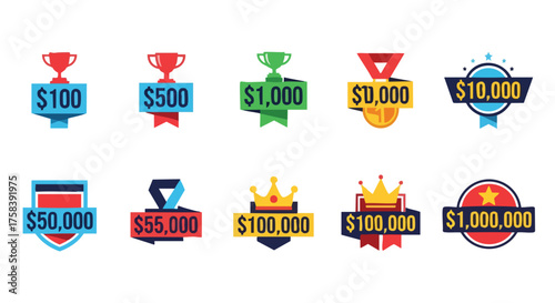 A collection of colorful vector illustrations showcasing various prize badges and rewards, including trophies, medals, and crowns, representing different monetary values for achievement and success.