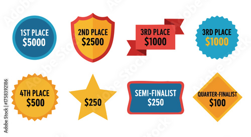 A collection of colorful award badges and prize money amounts are displayed, perfect for illustrating competition, achievement, and success in a business or event context.