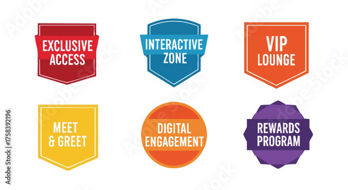 A collection of colorful, digitally designed badges feature phrases like 'Exclusive Access' and 'Rewards Program', ideal for marketing promotions, branding, and event announcements on a bright white