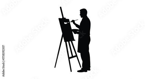 Artist painting on an easel in a classic silhouette against a white background creative expression silhouette