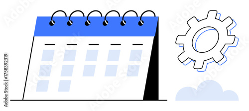 Spiral-bound calendar beside gear and cloud, symbolizing scheduling, planning, workflow, automation. Ideal for time management, system optimization, productivity, brainstorming strategy simple flat