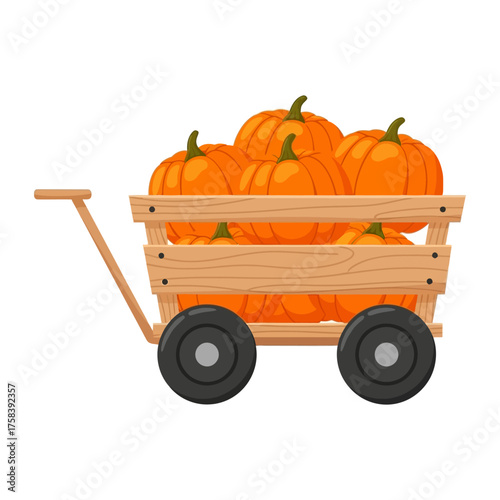 A wooden cart filled with ripe orange pumpkins, ready for harvest.