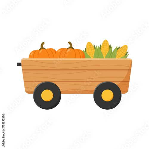 A charming wooden cart filled with vibrant orange pumpkins and fresh yellow corn cobs, depicting a bountiful autumn harvest scene.