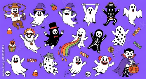 A whimsical gathering of ghosts, each uniquely adorned and ready for Halloween festivities. A captivating illustration brimming with charm and holiday cheer.