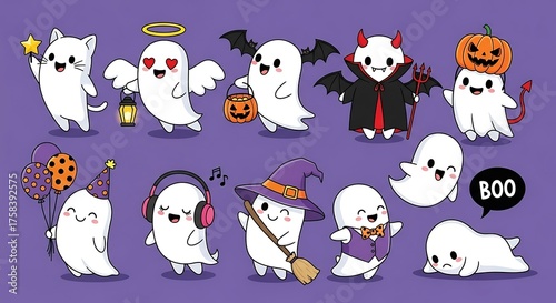 A whimsical collection of adorable cartoon ghosts, embodying the spirit of Halloween with each unique costume and expression. Each ghost is drawn in a vibrant and cheerful art style.