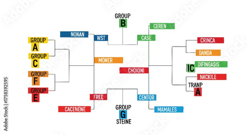 A colorful tournament bracket diagram representing competition and elimination, ideal for sports, business strategy, or event planning, set against a clean white background.