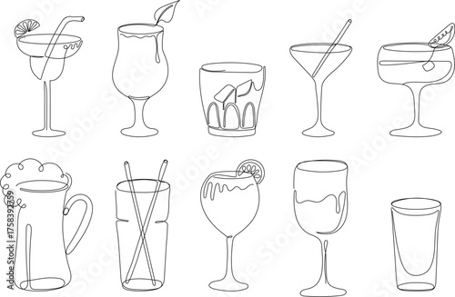 Minimalistic continuous line art of set of bar cocktail glasses. Includes popular cocktails such as Martini, Mojito, Margarita, Cosmopolitan, and Whiskey Sour. Perfect for use in bar menus, posters