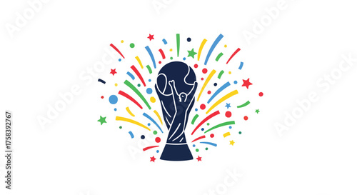 A vibrant illustration of the World Cup trophy is surrounded by colorful confetti and celebratory bursts, symbolizing victory and global sports competition on a clean white background.