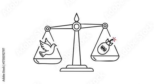 A conceptual illustration depicting the balance between peace and conflict, symbolized by a dove and a bomb on a scale, representing global issues.