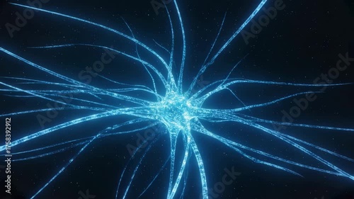Dynamic blue neuron structure pulsing with energy against a starry cosmic background, symbolizing thought and connection