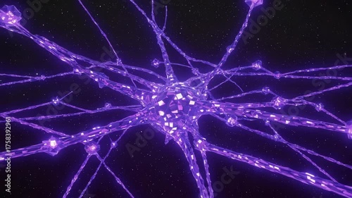Dynamic abstract neural network pulsing with vibrant purple light against a star-filled cosmic backdrop, representing connectivity and futuristic ideas