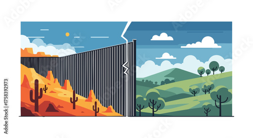 A conceptual illustration depicts a divided landscape with a wall separating a desert terrain from a lush, green environment under a bright blue sky, symbolizing borders.