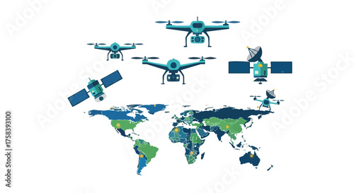 An illustrative depiction of drones and satellites positioned above a stylized world map, symbolizing technology, global communication, and aerial surveillance in a modern digital age.