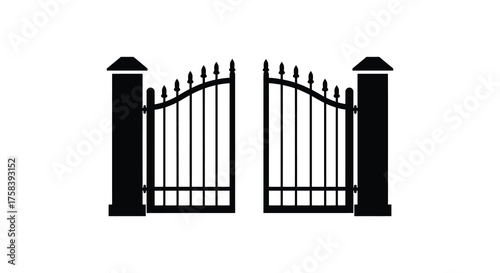 Elegant wrought iron double gate with decorative finials and pillars in a stark black silhouette