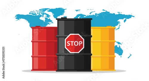 A vector illustration depicts three colorful oil barrels, one with a stop sign, set against a world map, representing the oil industry and global energy concerns.
