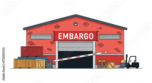 An illustrated warehouse with a red facade and the word 'EMBARGO' displayed above the closed loading dock, depicting a business or industrial concept with a forklift.