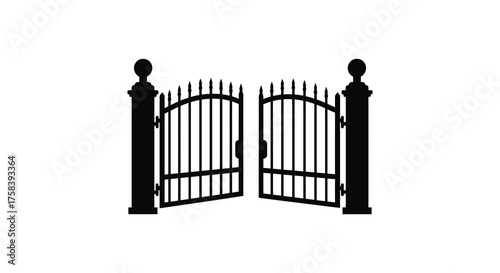 Ornate wrought iron double gates opening to reveal a pathway or entrance silhouette