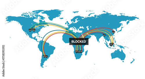 A digital illustration depicts a world map with lines connecting various locations, highlighting a blocked region in Africa, representing global connectivity and limitations.