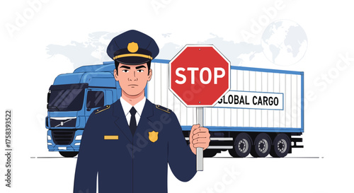 A uniformed security officer stands holding a stop sign in front of a semi-truck, representing global cargo and transportation safety on a white background.