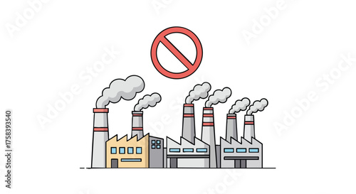 An illustration depicts a factory with smoke stacks emitting pollution, overlaid with a prohibition sign, representing environmental concerns and industrial impact.