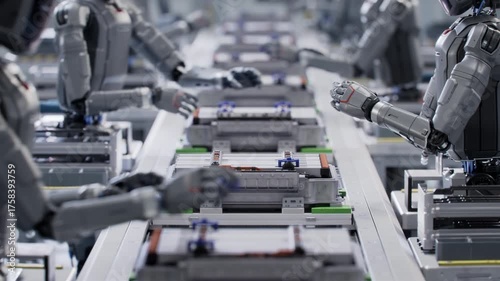 3D Animation: Production Line at a Factory where Autonomous AI Powered Humanoid Robots Working, they Assemble by Hands Detail with Precision and Dexterity. Robot Working in Industrial Environment