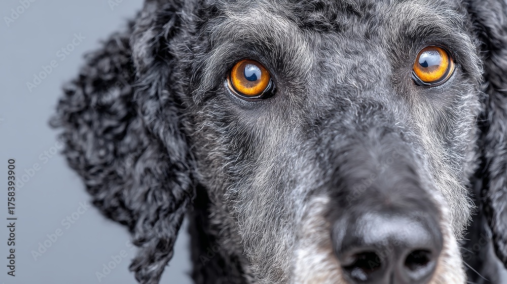 Obraz premium Elegant Portrait of a Poodle with Expressive Eyes and Silver Accents on a Serene Gray Background