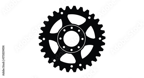 Detailed black silhouette of a single mechanical gear with many teeth and an oval center opening on a white background