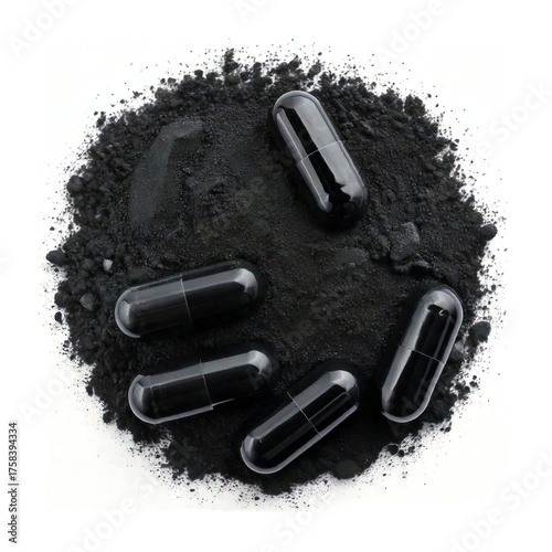 Activated coal detox capsules - scattered over charcoal powder