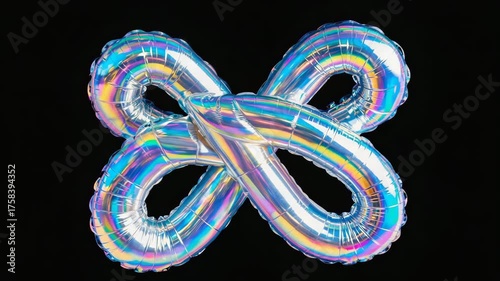 Dynamic infinity symbol balloons shimmer with iridescent rainbow colors, creating a vibrant, celebratory visual for endless possibilities and boundless joy in motion.