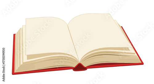 An open book showcases blank pages, inviting the viewer to imagine the story within, with a classic red cover design.