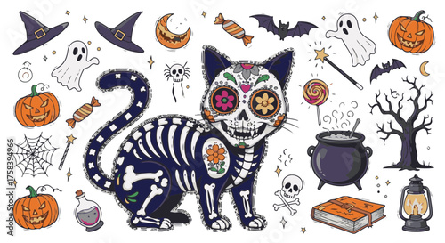 A festive and fanciful illustration of a Day of the Dead cat amidst Halloween decorations, showcasing a playful and vibrant scene.