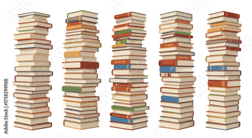 A colorful assortment of stacked books against an uncluttered backdrop, inviting the viewer into a world of endless stories and knowledge, captured in stunning detail.