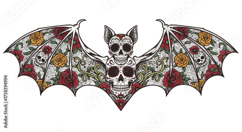 A unique and intricate illustration depicts a bat adorned with vibrant skull and floral motifs, offering a striking representation of artistry and culture.