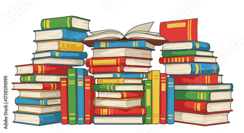 A colorful display of books, some stacked high and others open, suggesting knowledge and learning.