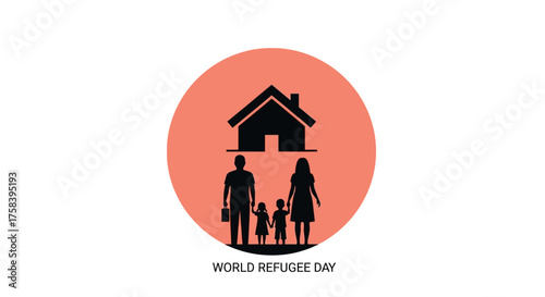 Vector graphic of a family and home, symbolizing the universal need for shelter and human rights for displaced persons globally