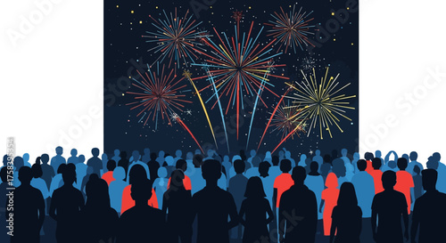 Vector illustration of a crowd celebrating with a spectacular fireworks display at night