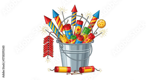 A bucket overflowing with an assortment of colorful fireworks and firecrackers, ready for a celebration