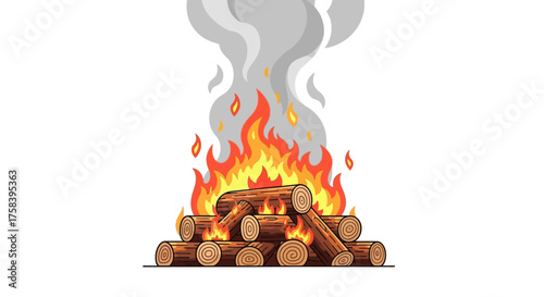 Vector illustration of a burning campfire with stacked firewood, vibrant flames, and rising smoke, isolated on a white background