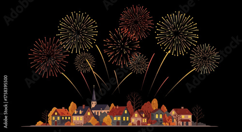 Festive Fireworks Display Over a Charming Village at Night, Celebrating Occasion and Community Spirit