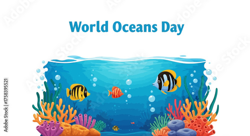 Vibrant underwater ocean scene illustration depicting diverse marine life and coral reefs, perfect for environmental awareness and celebrating global conservation initiatives