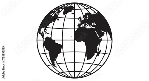 Stylized black silhouette of a globe with continents and latitude longitude lines on a white background silhouette
