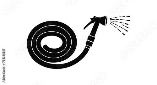Black silhouette of a coiled garden hose with a spray nozzle emitting water droplets on a white background
